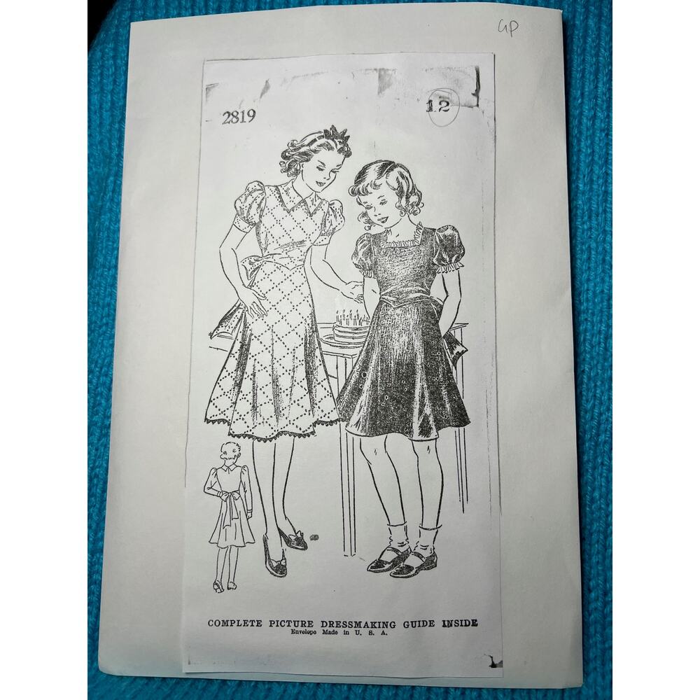 Vintage Pattern 2819 1940s girls dress fit and flare puff sleeves size 12